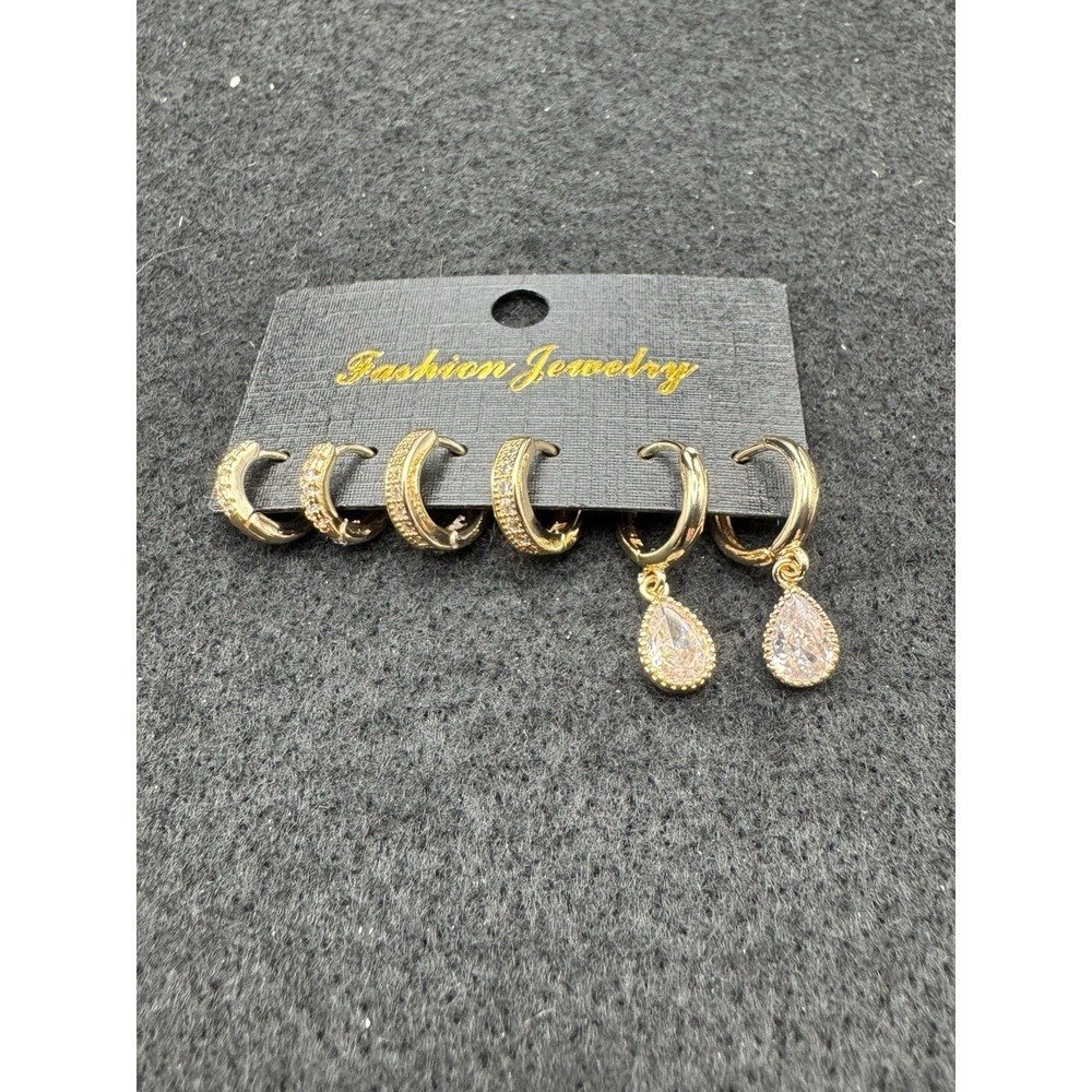 14K Gold Plated Hoop Earrings Lot of 3 Pairs Clear Sparkling Stones New
